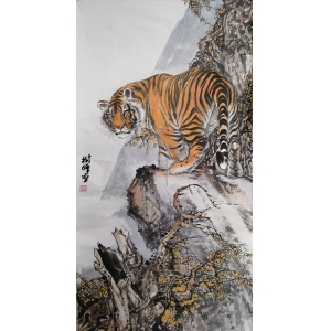 单树峰四尺国画《上山虎》中国美协会员